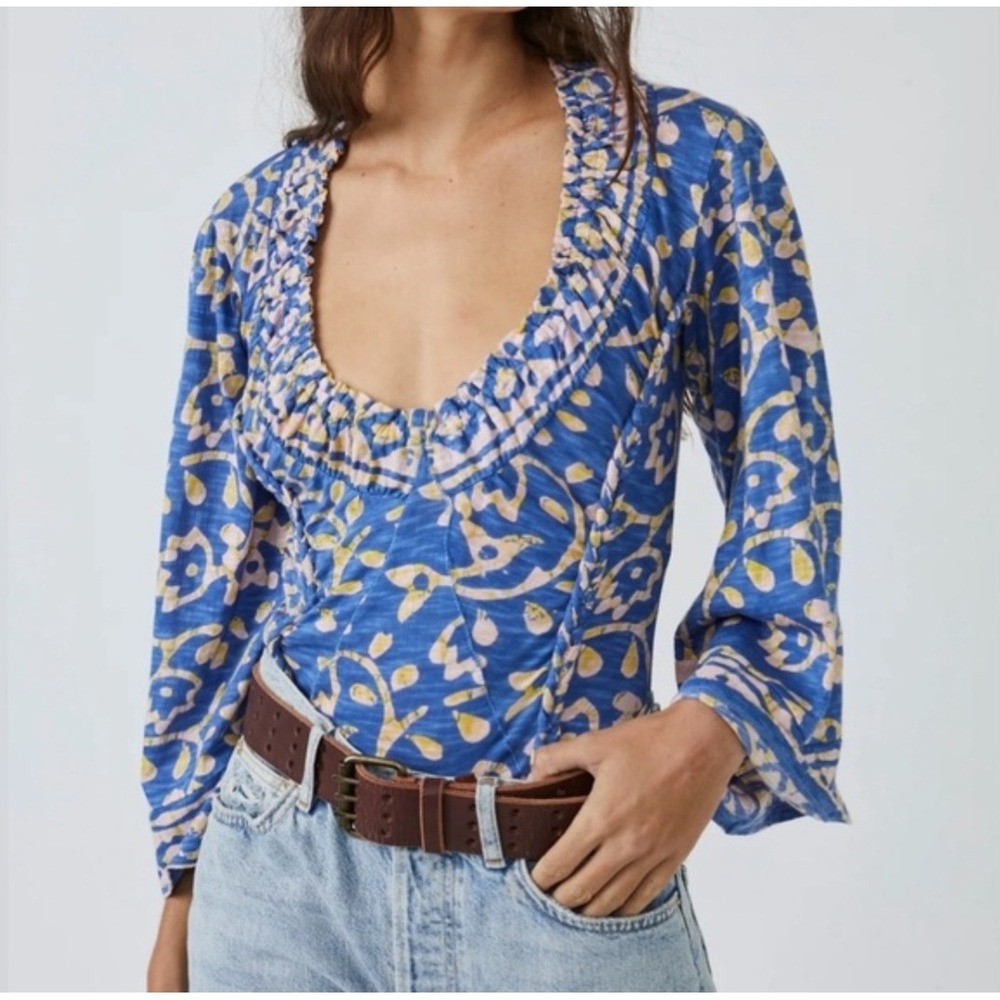 Free People On The Block cotton batik‎ print wide-sleeve Blue Floral Large Top